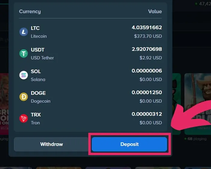 Stake Wallet window, Overview tab, with the Deposit button highlighted