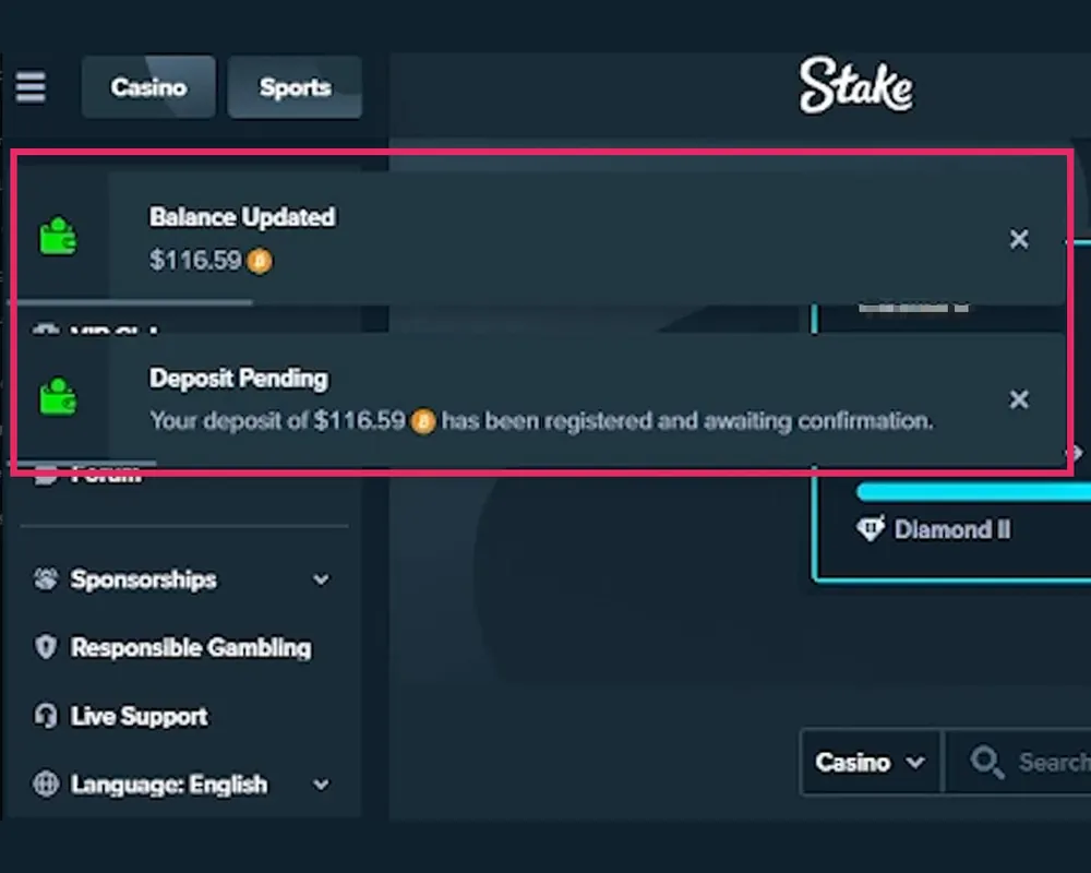 Stake notifications: Deposit Pending, then Balance Updated
