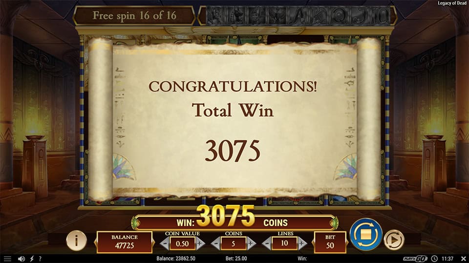 Total win screen in Legacy of Dead slot displaying a &euro;3,075 payout.