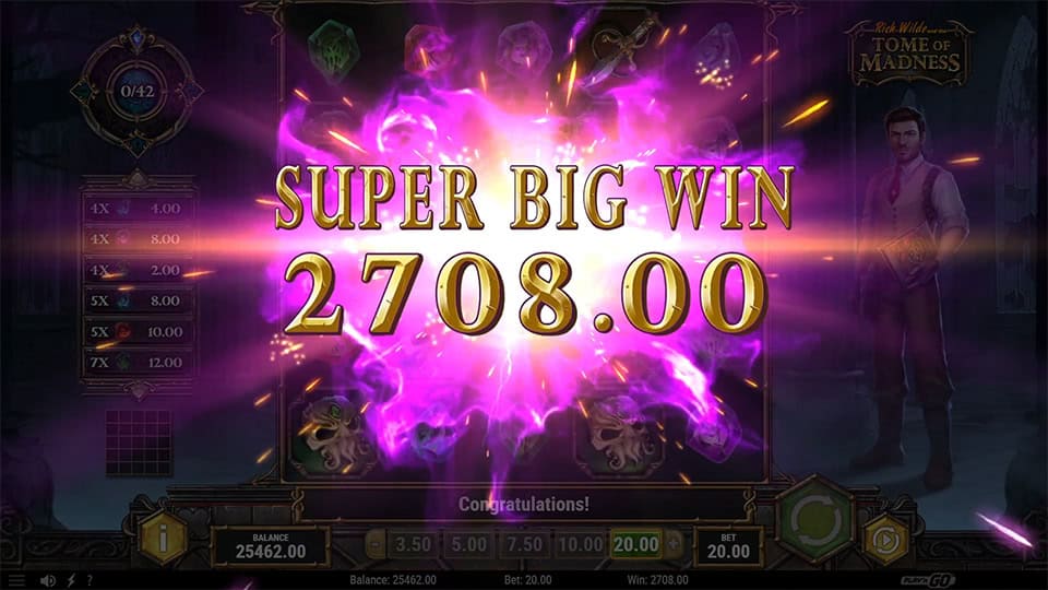 Super Big Win screen in Rich Wilde and the Tome of Madness slot displaying a &euro;2,708 payout.