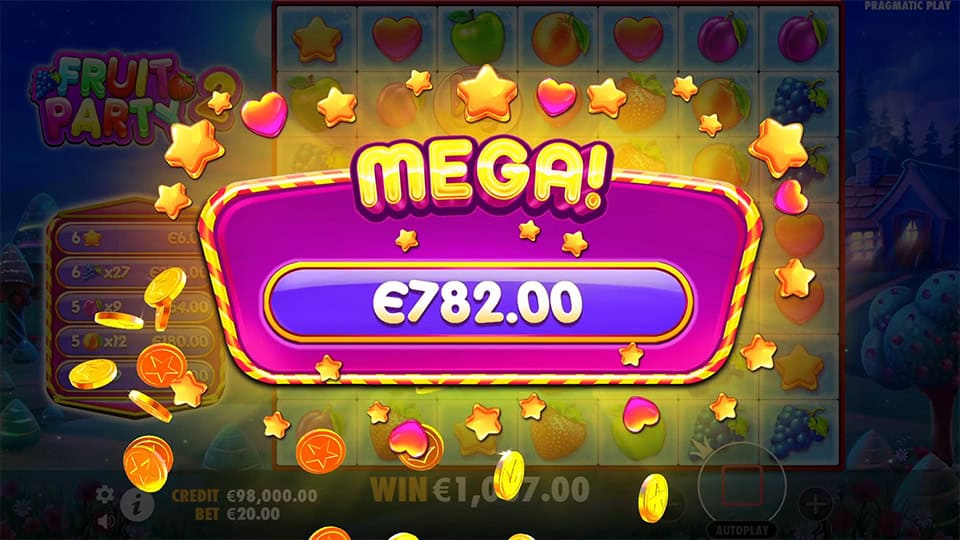 Mega win screen in Fruit Party 2 slot displaying a &euro;782 payout.