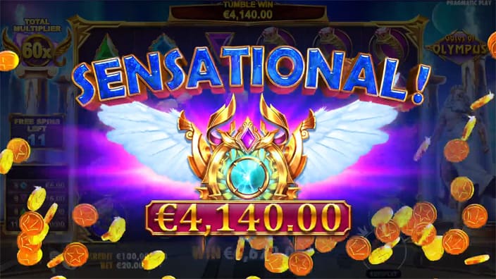 Sensational win screen in Gates of Olympus slot displaying a &euro;4,140 payout.