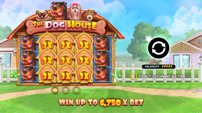 Intro screen highlighting max win potential and high volatility with full wild setup display.