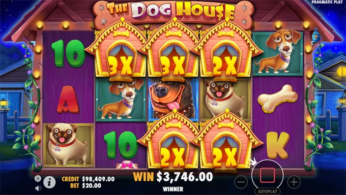 Slot grid showing stacked 2x and 3x wilds inside doghouse frames across the reels.