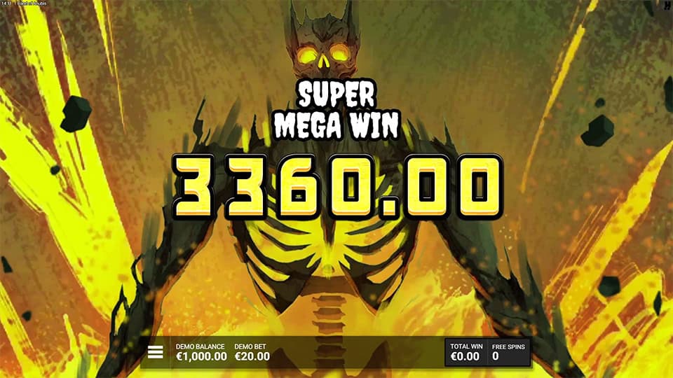 Super Mega Win screen in Hand of Anubis slot displaying a &euro;3,360 payout.