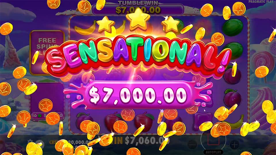 Sensational win screen in Sweet Bonanza 1000 slot displaying a &euro;7,000 payout.