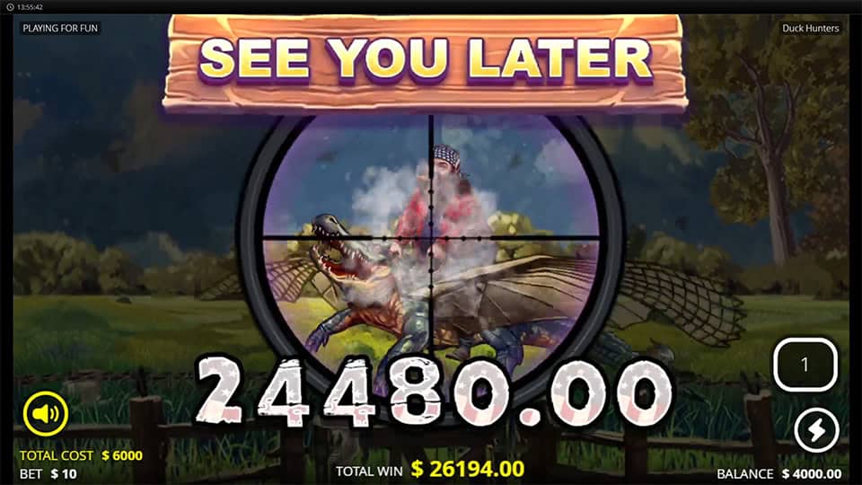 See You Later big win screen in Duck Hunters slot displaying a &euro;24,480 payout.