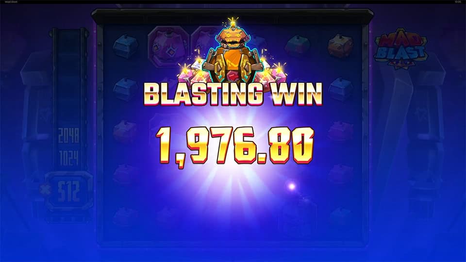 Blasting Win screen in Mad Blast slot displaying a &euro;1,976.80 payout.