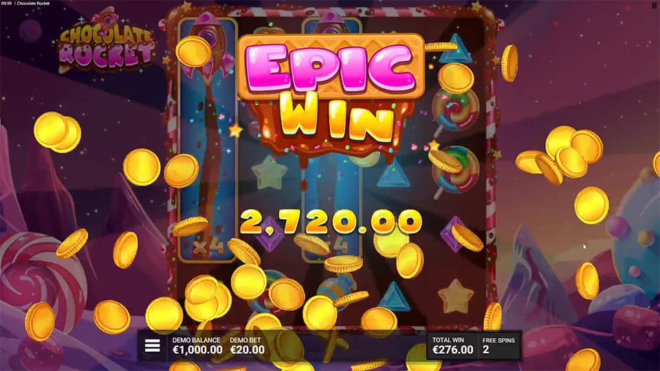 Epic win screen in Chocolate Rocket slot displaying a &euro;2,720 payout.