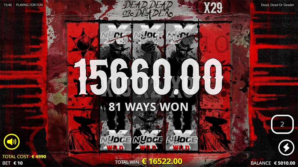 Big Win screen in Dead, Dead or Deader slot displaying a &euro;15,660 payout.