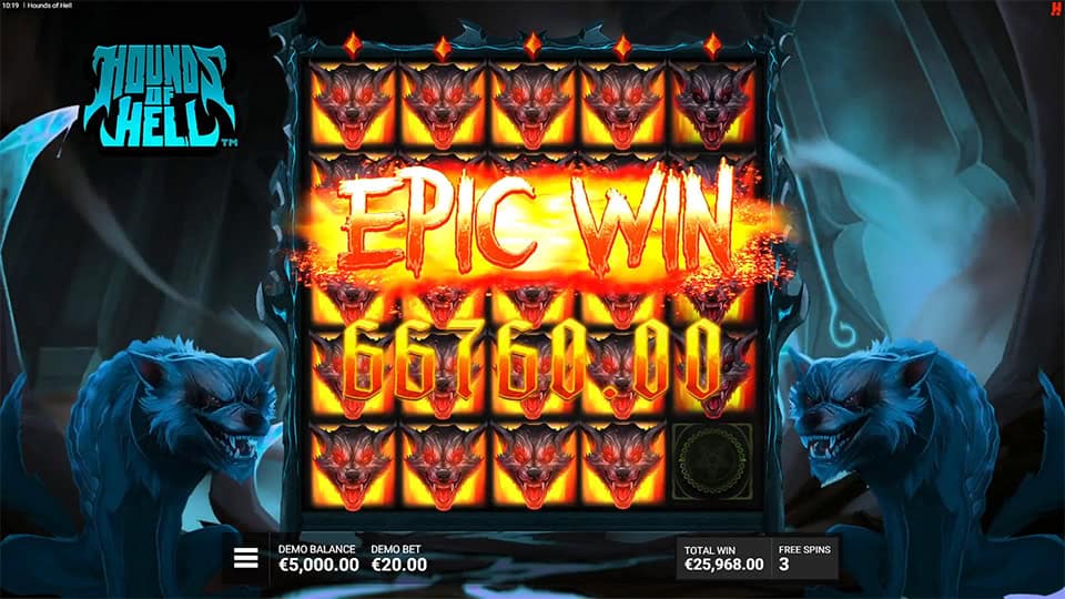 Epic win screen in Hounds of Hell slot displaying a &euro;66,760 payout.