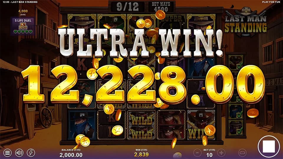 Ultra win screen in Last Man Standing slot showing a massive payout of &euro;12,228.