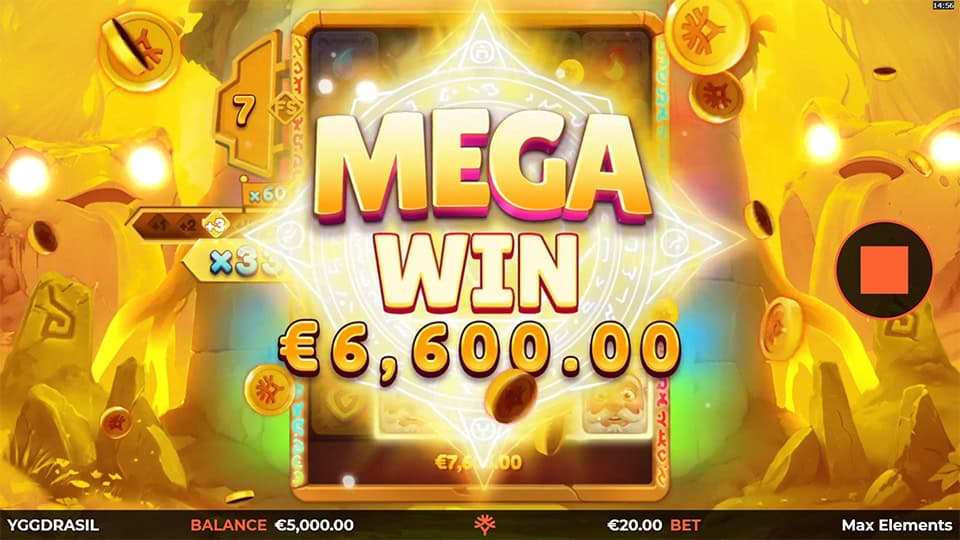 Mega Win screen in Max Elements slot displaying a &euro;6,600 payout.