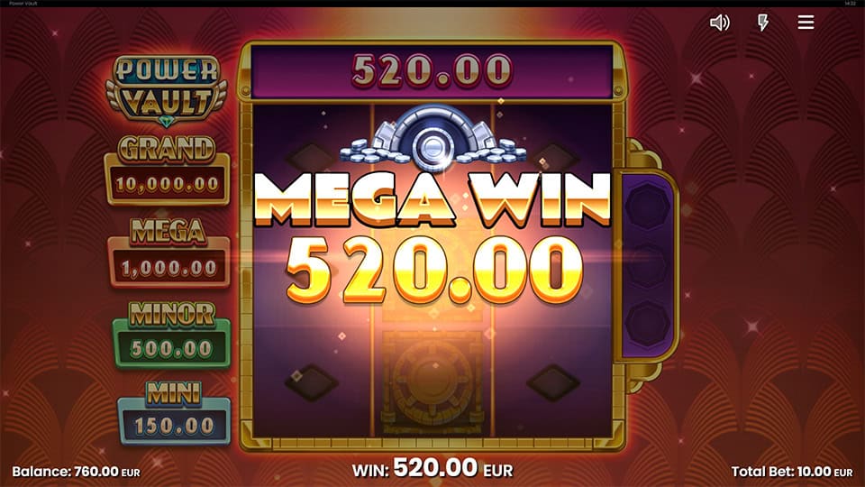 Mega Win screen in Power Vault slot displaying a &euro;520 payout.