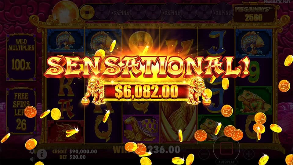 Sensational win screen in 5 Lions Megaways 2 slot displaying a &euro;6,082 payout.
