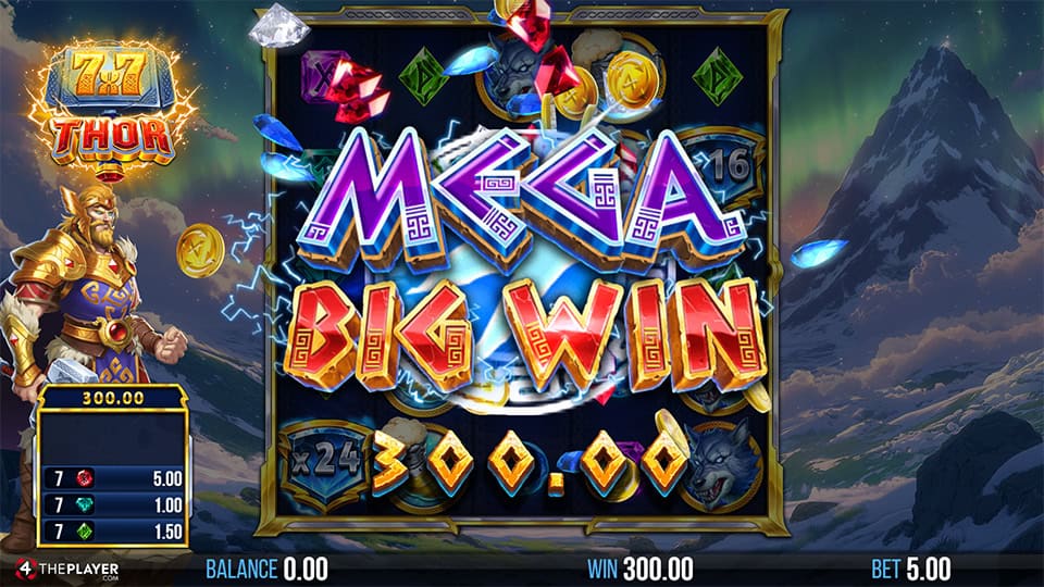 Mega Big Win screen in 7x7 Thor slot displaying a &euro;300 payout.