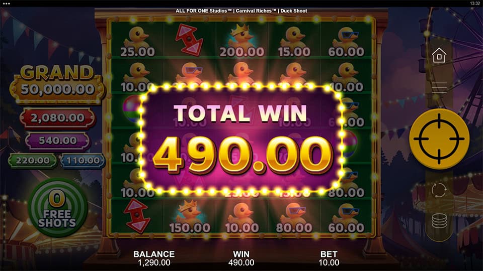 Total Win screen in Carnival Riches slot displaying a &euro;490 payout.