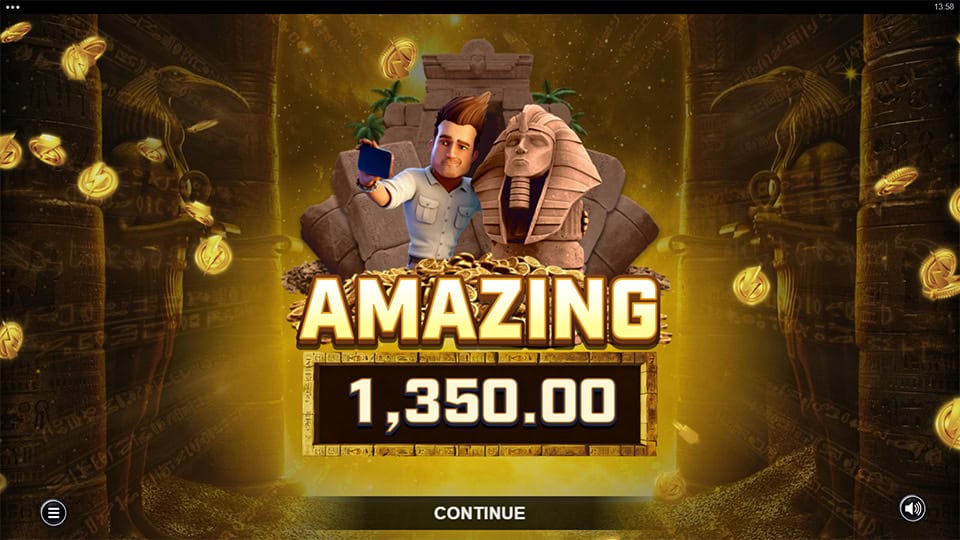 Amazing Win screen in Jungle Jim Gold Blitz slot displaying a &euro;1,350 payout.