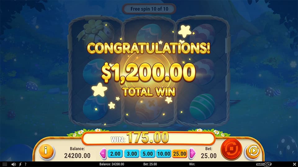 Total win screen in Mystery Egg Surprise slot displaying a &euro;1,200 payout.