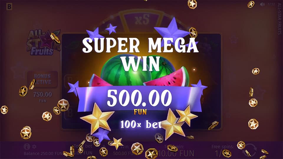 Super Mega Win screen in All-Star Fruits slot displaying a &euro;500 payout.