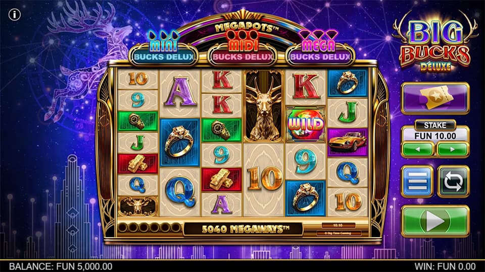 Base game of Big Bucks Deluxe with rings, cars and golden reindeer symbols across Megaways reels.