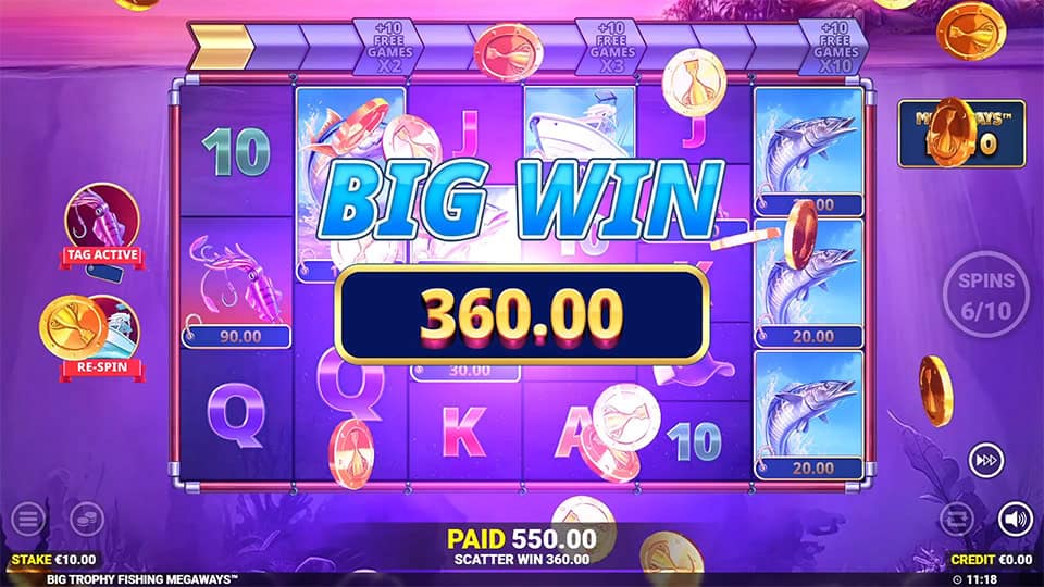 Big win screen in Big Trophy Fishing Megaways slot showing a &euro;360 payout.