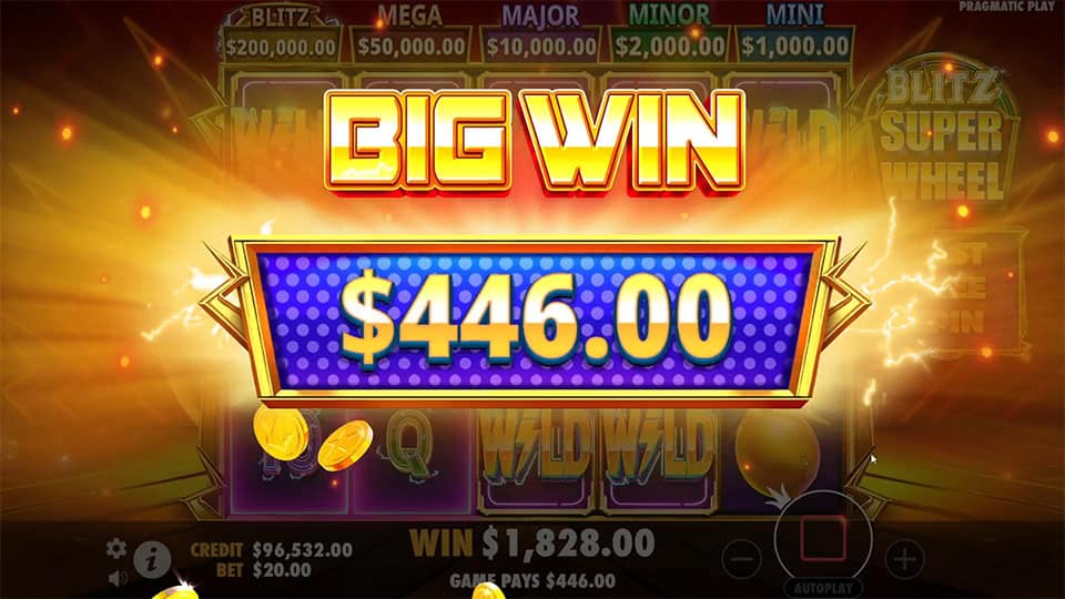 Big Win screen in Blitz Super Wheel slot displaying a &euro;446 payout.