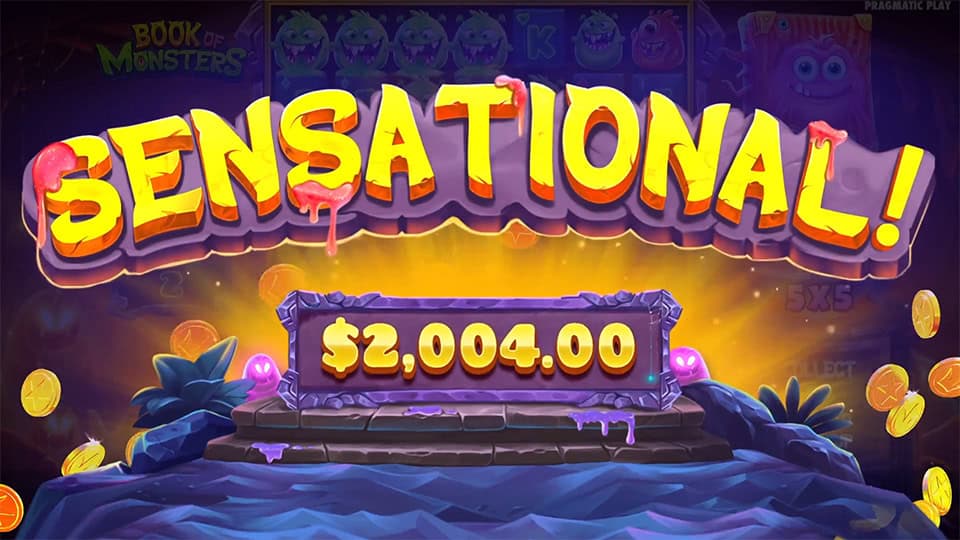 Sensational Win screen in Book of Monsters slot displaying a &euro;2,004 payout.