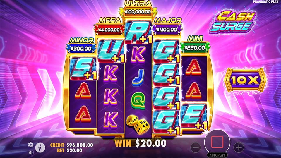 Slot reels showing &ldquo;SURGE&rdquo; letters to unlock 10x bonus feature