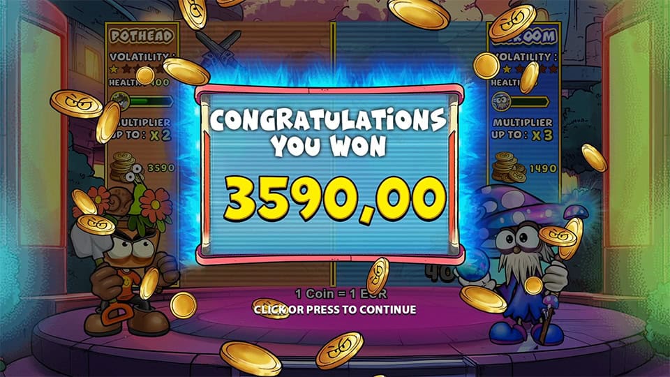Win screen in Garden Gladiators slot displaying a &euro;3,590 payout.