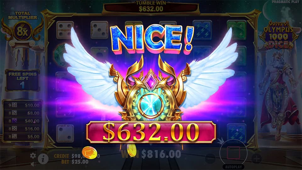 Win screen in Gates of Olympus 1000 Dice slot showing a payout of &euro;632.