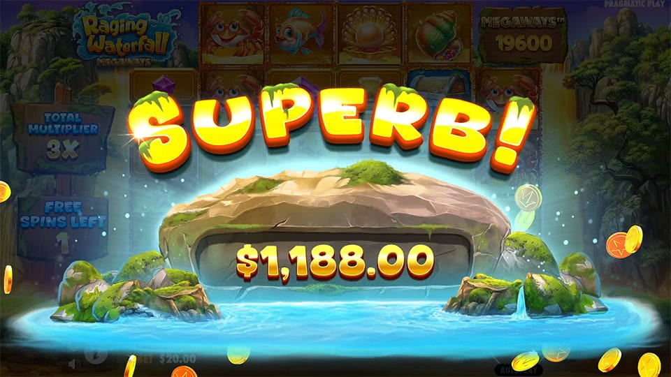 Superb win screen in Raging Waterfall Megaways slot displaying a &euro;1,188 payout.