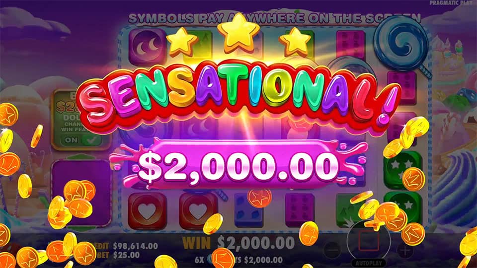 Sensational win screen in Sweet Bonanza 1000 Dice slot displaying a &euro;2,000 payout.