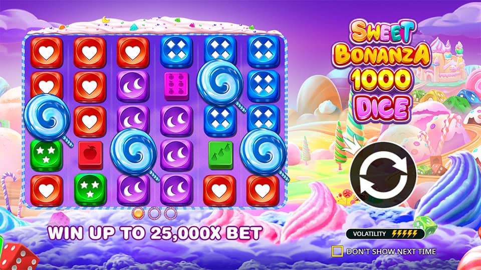 Main menu of Sweet Bonanza 1000 Dice slot introducing the game&rsquo;s features and bonuses.