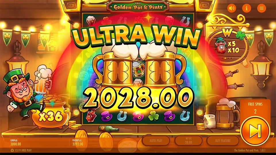 Ultra Win screen in The Golden Pot & Pints slot displaying a &euro;2,028 payout.