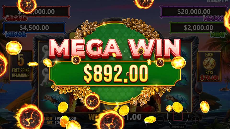Mega Win screen in Volcano Goddess slot displaying a &euro;892 payout.
