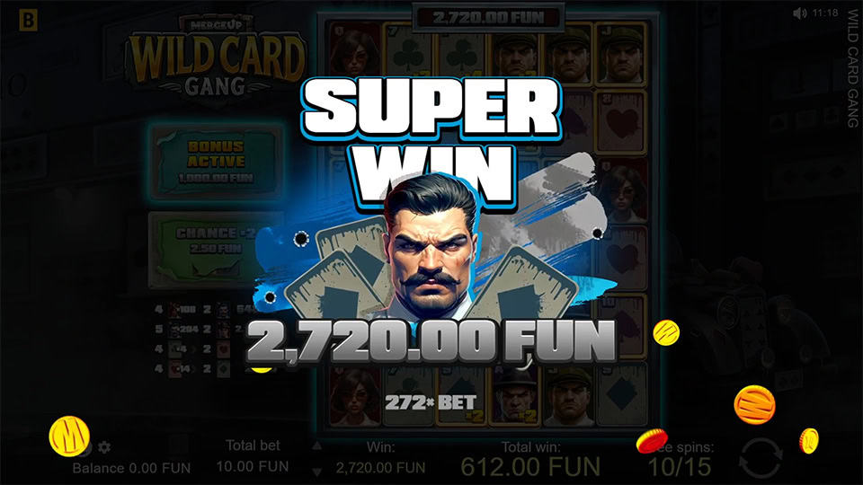 Super Win screen in Wild Card Gang slot displaying a &euro;2,720 payout.