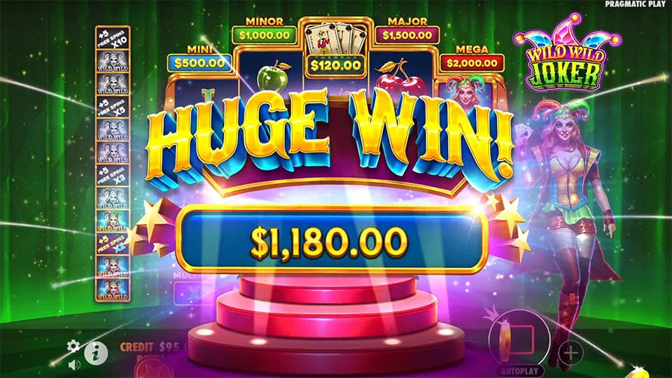 Huge Win screen in Wild Wild Joker slot displaying a &euro;1,180 payout.