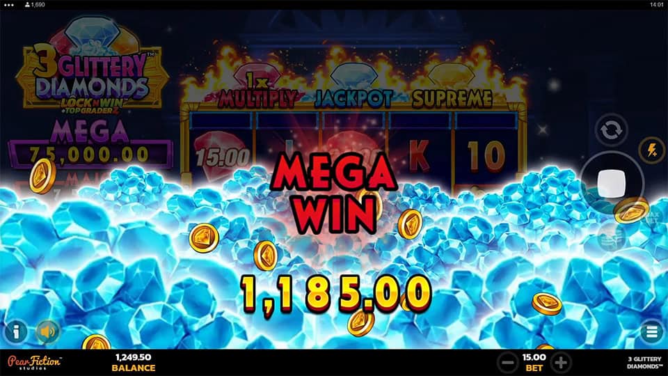 Mega Win screen in 3 Glittery Diamonds slot displaying a &euro;1,185 payout.