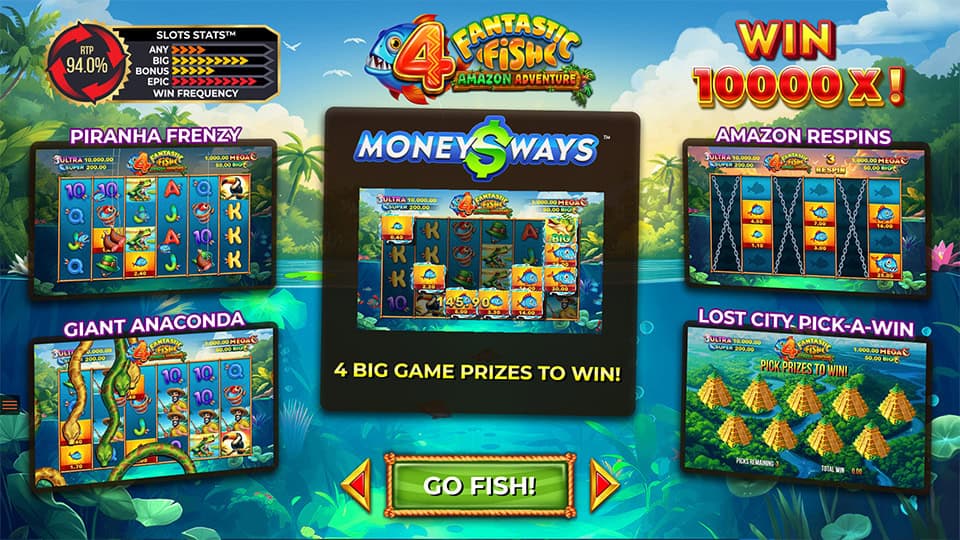 4 Fantastic Fish Amazon Adventure homepage with feature previews and &ldquo;Go Fish&rdquo; start button.