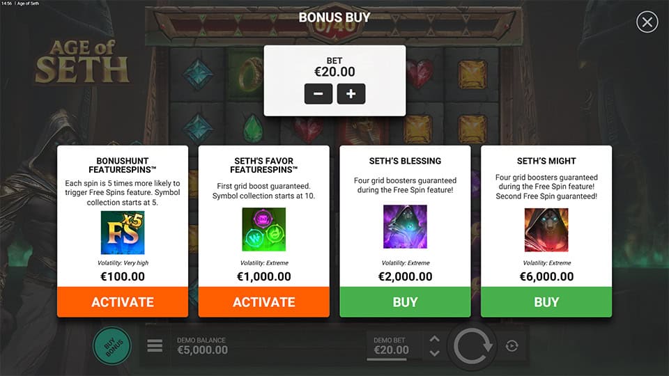 Bonus Buy menu with 4 options from Bonushunt to Seth&rsquo;s Might