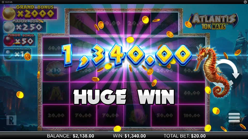 Huge Win screen in Atlantis 10K Ways slot displaying a &euro;1,340 payout.