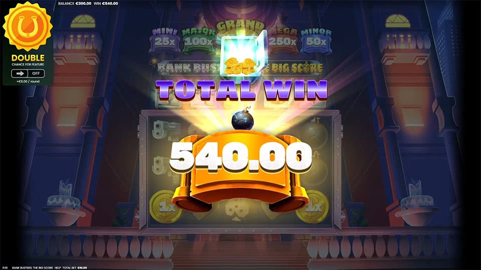 Total Win screen in Bank Busters The Big Score slot displaying a &euro;540 payout.