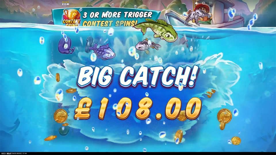 Big Catch Win screen in Bass Boss slot displaying a &euro;108 payout.