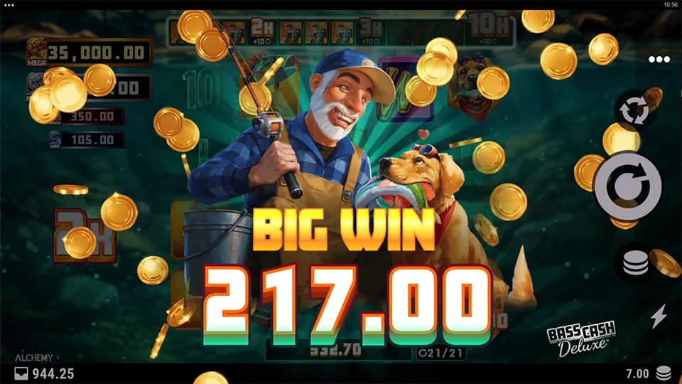 Big Win screen in Bass Cash Deluxe slot displaying a &euro;217 payout.
