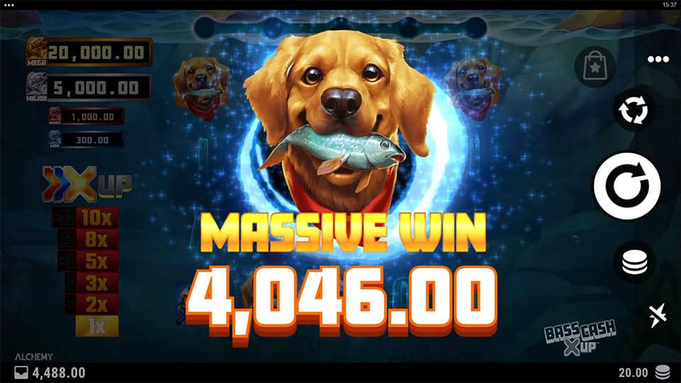 Massive Win screen in Bass Cash X UP slot displaying a &euro;4,046 payout.