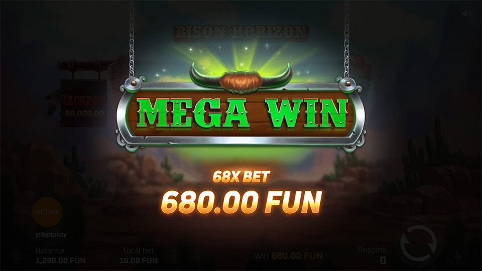 Mega Win screen in Bison Horizon Hold and Win slot displaying a &euro;680 payout.