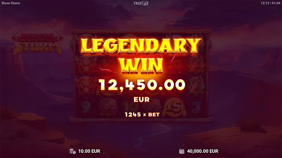 Legendary Win screen in Bison Storm slot displaying a &euro;12,450 payout.