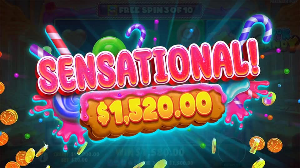 Sensational win screen in Book of Candy slot displaying a &euro;1,520 payout.