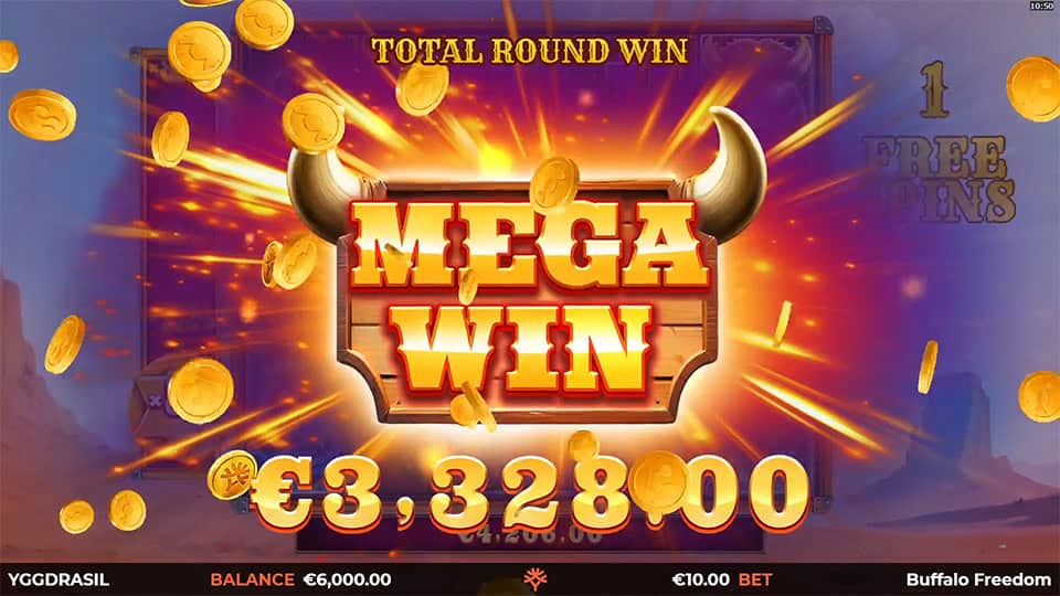 Buffalo Freedom DoubleMax slot displaying a Mega Win screen with coins and a winning amount of &euro;3,328.